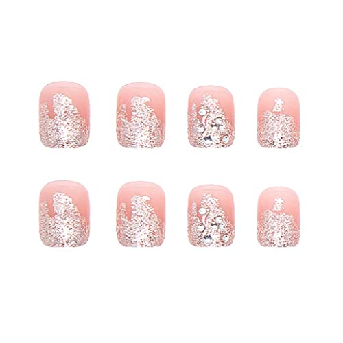 RikView Glitter Press na noktima kratki lažni nokti sa Rhinestones francuskom presom na noktima kvadratni ružičasti akrilni nokti