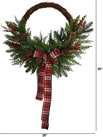 Nepoznato1 28 Pine i pinecone umjetni božićni vijenac s ukrasnim lukom zelene 28 višebojnih svjetala