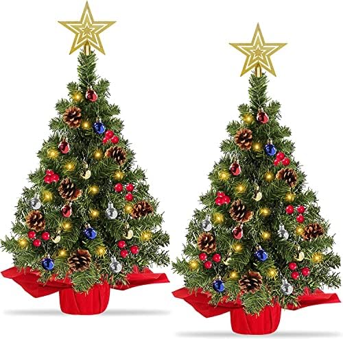 [2 Pakovanje i tajmer] 24 inča / 2 Ft Rerel božićno stablo dekor 50 svjetla Star Artificial Xmas Tree Pinecone kuglice Crvene bobice