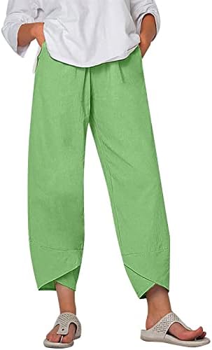 MTSDJSKF LINEN HLAČE Žene Ljeto, ravno-nogalni elastični struk Trendi lanene kanta za hlače sa džepovima Radne pantalone